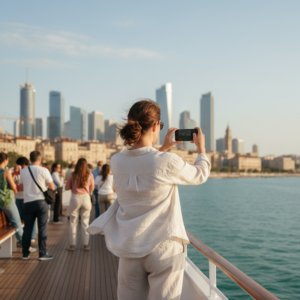 Traveler taking skyline photos from the upper deck of a sightseeing boat