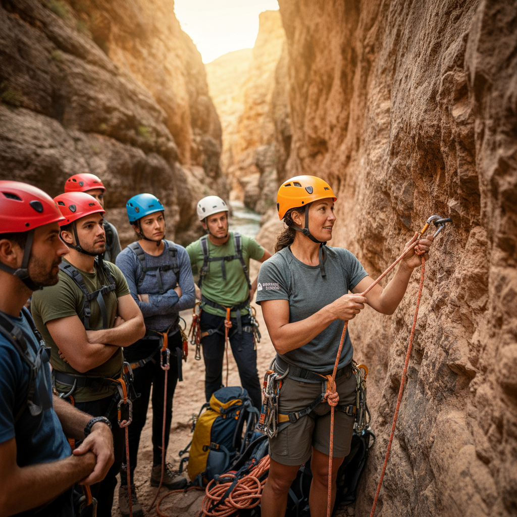 Canyoning safety briefing with guide showing rope and anchor basics