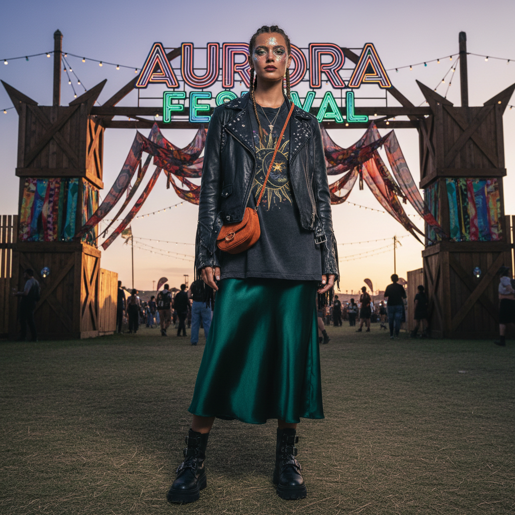 Festival concert outfit with statement jacket and textured pieces