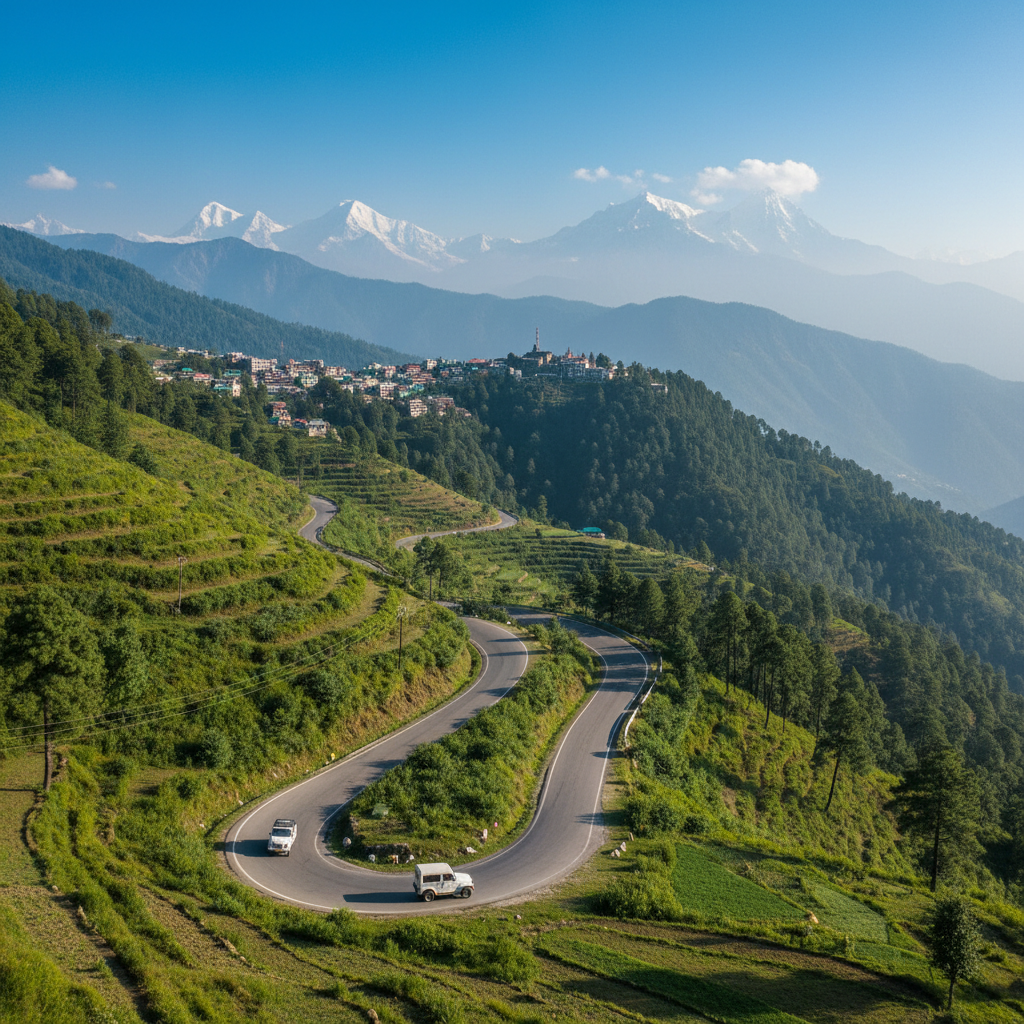Scenic Himalayan hill station road in India during summer travel season