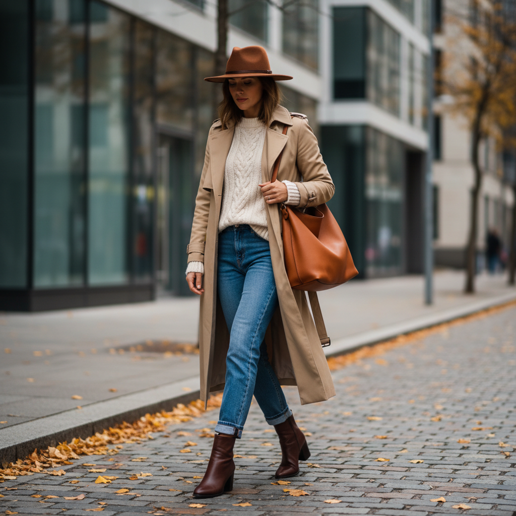 Fall fedora outfit with trench coat, knit sweater, and ankle boots