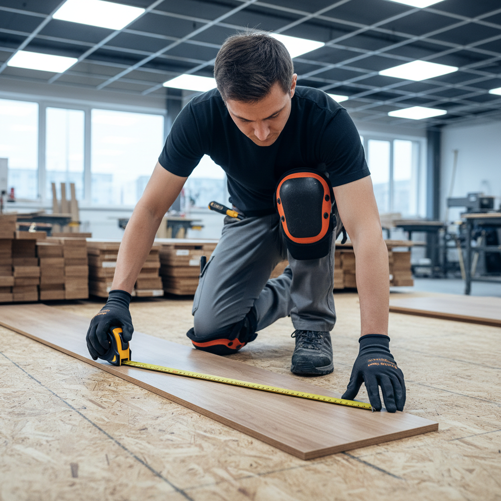 Installer kneeling on subfloor wearing knee pads for flooring work