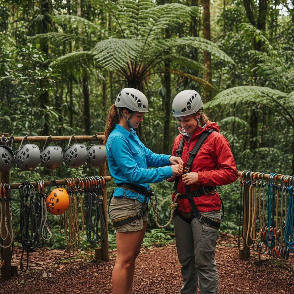 Guide helping a traveler fit a safety harness for a rainforest canopy tour