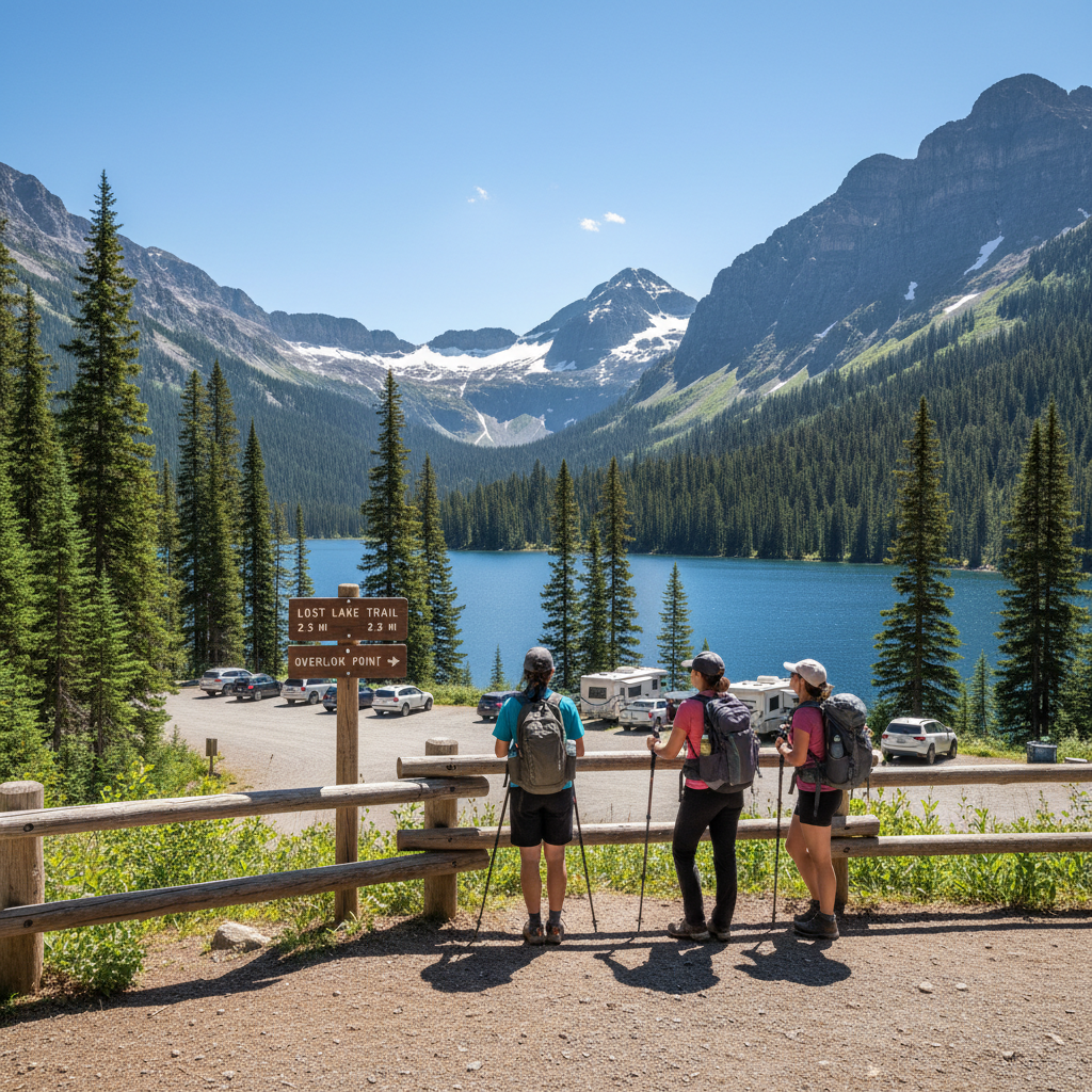 Roadside viewpoint near a mountain lake with hikers and clear signage