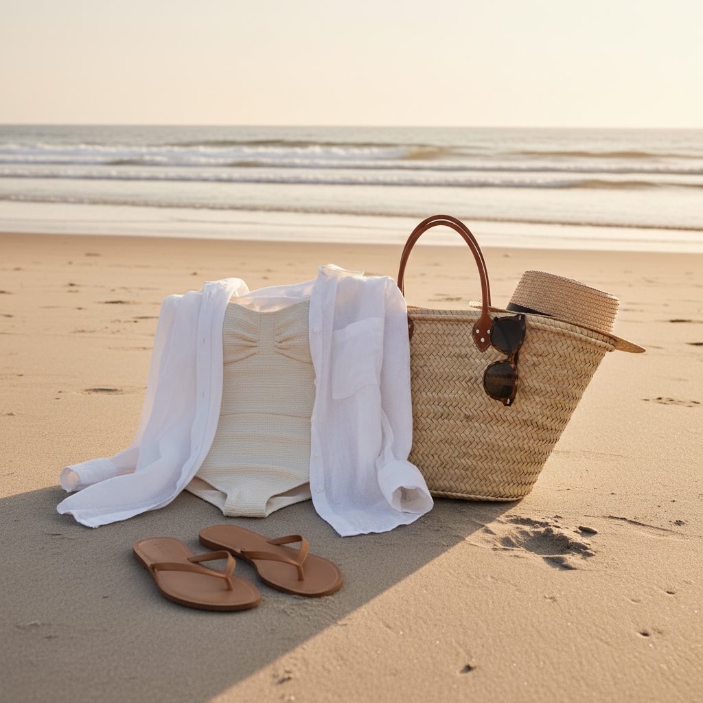 Flip flops beach style outfit with linen shirt and straw tote