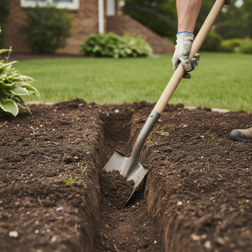 Narrow drain spade shovel cutting a clean trench line in soil