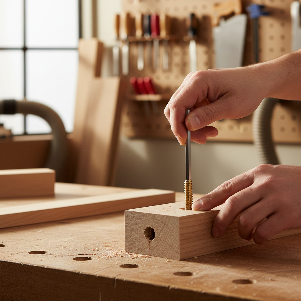 Installing a hex-drive threaded insert into a drilled pilot hole in hardwood