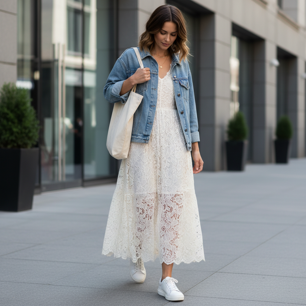 Casual romantic lace dress styled with a denim jacket and sneakers