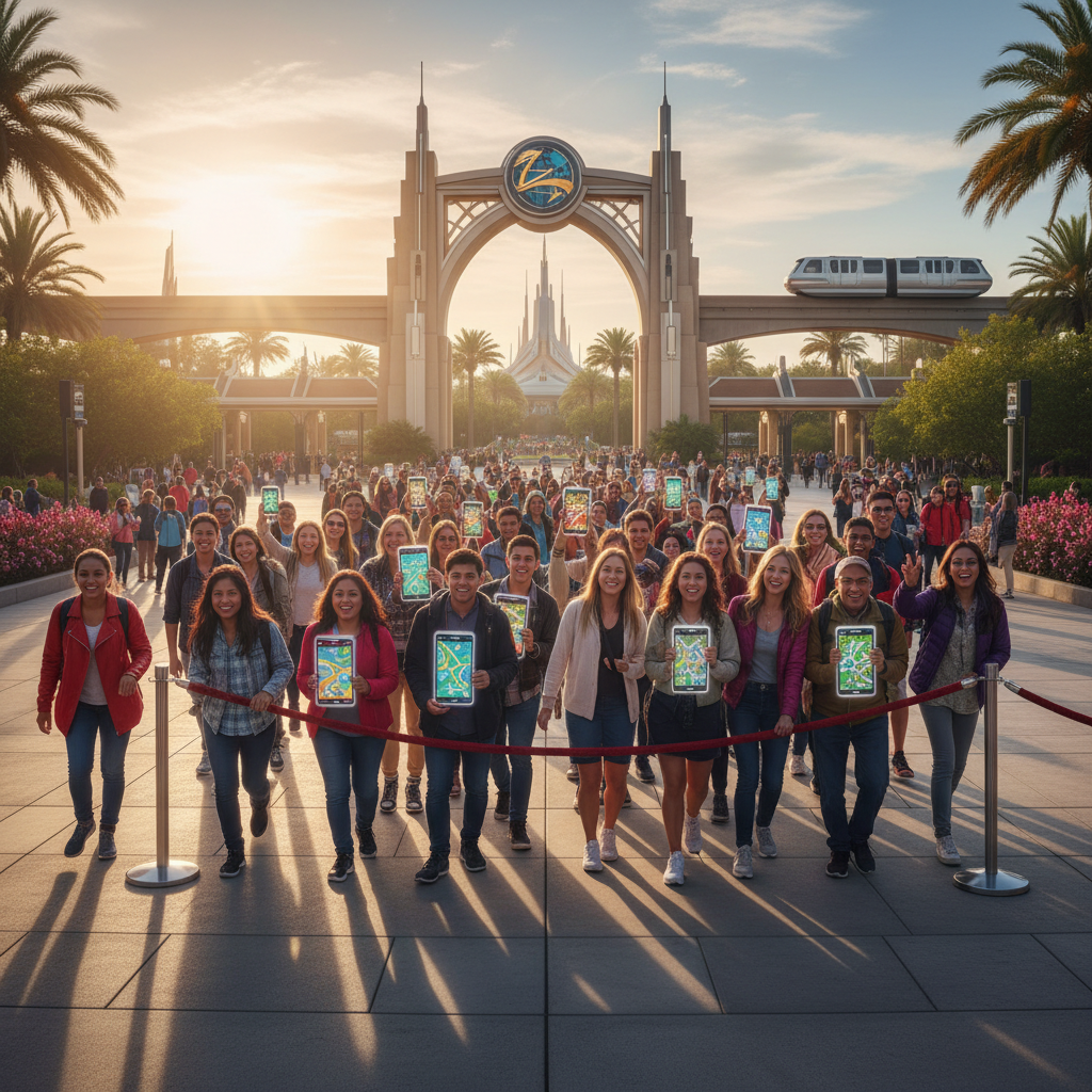 Theme park guests entering at rope drop with a plan to avoid long lines