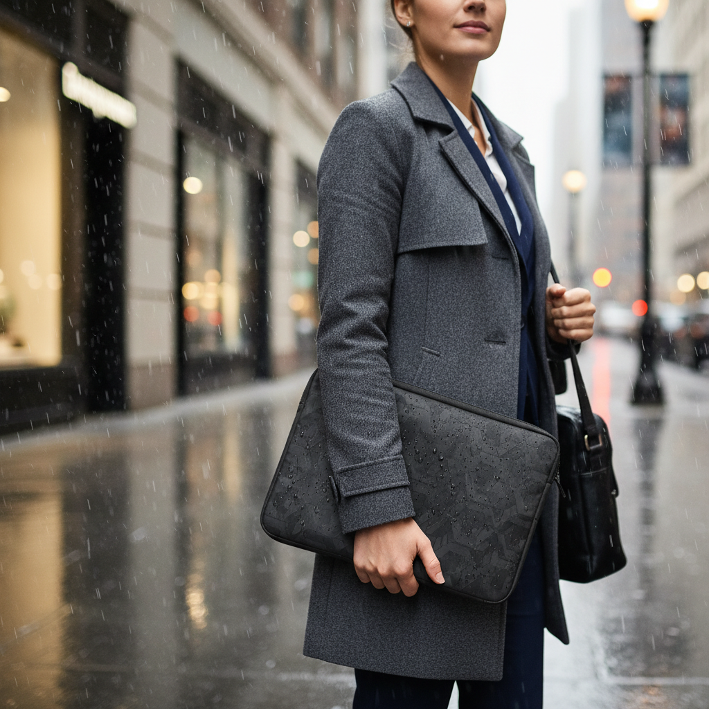 Business commuter holding a waterproof laptop sleeve near a rainy city street