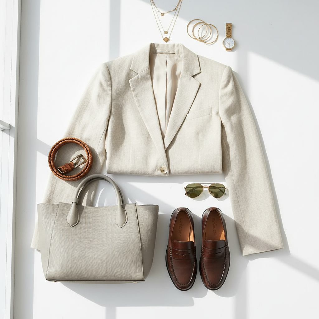 Smart casual blazer accessories with belt, tote, and minimal jewelry