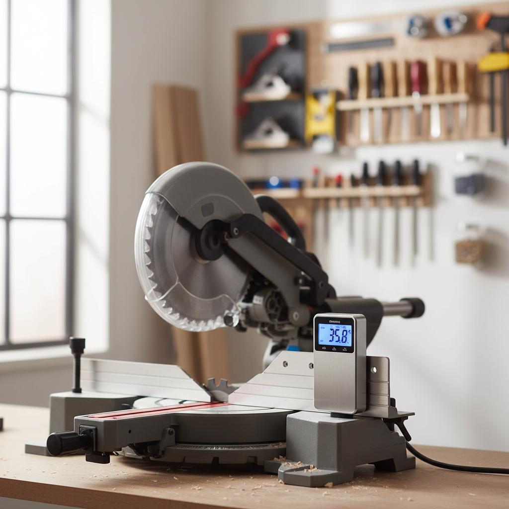Digital angle gauge level on a miter saw fence for accurate bevel setup