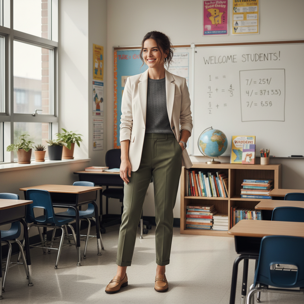 Professional teacher outfit inspiration in a classroom setting