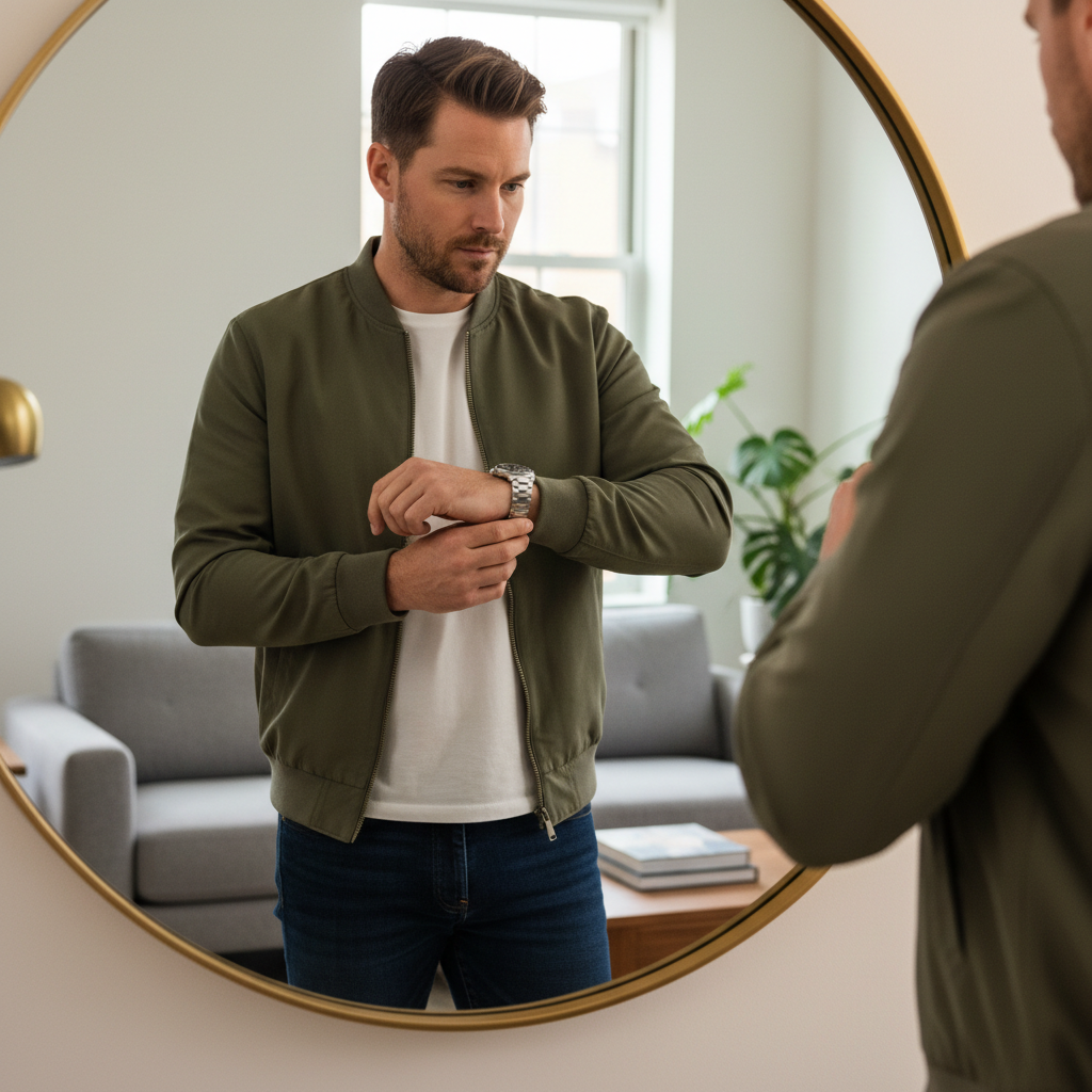 Man choosing a watch size in a mirror with casual outfit and jacket