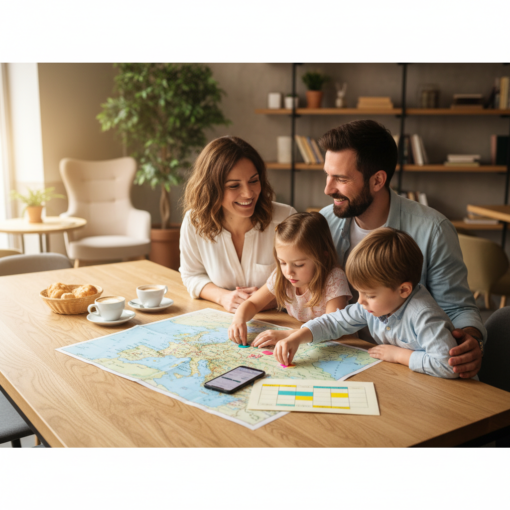 Family planning a trip with a simple schedule and map at a cafe table