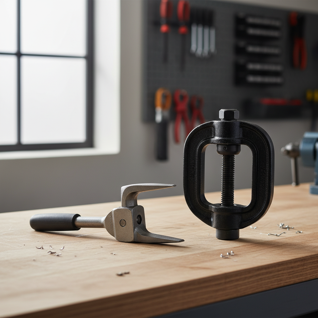 Comparison of pickle fork and screw-type ball joint separator tools on a workbench