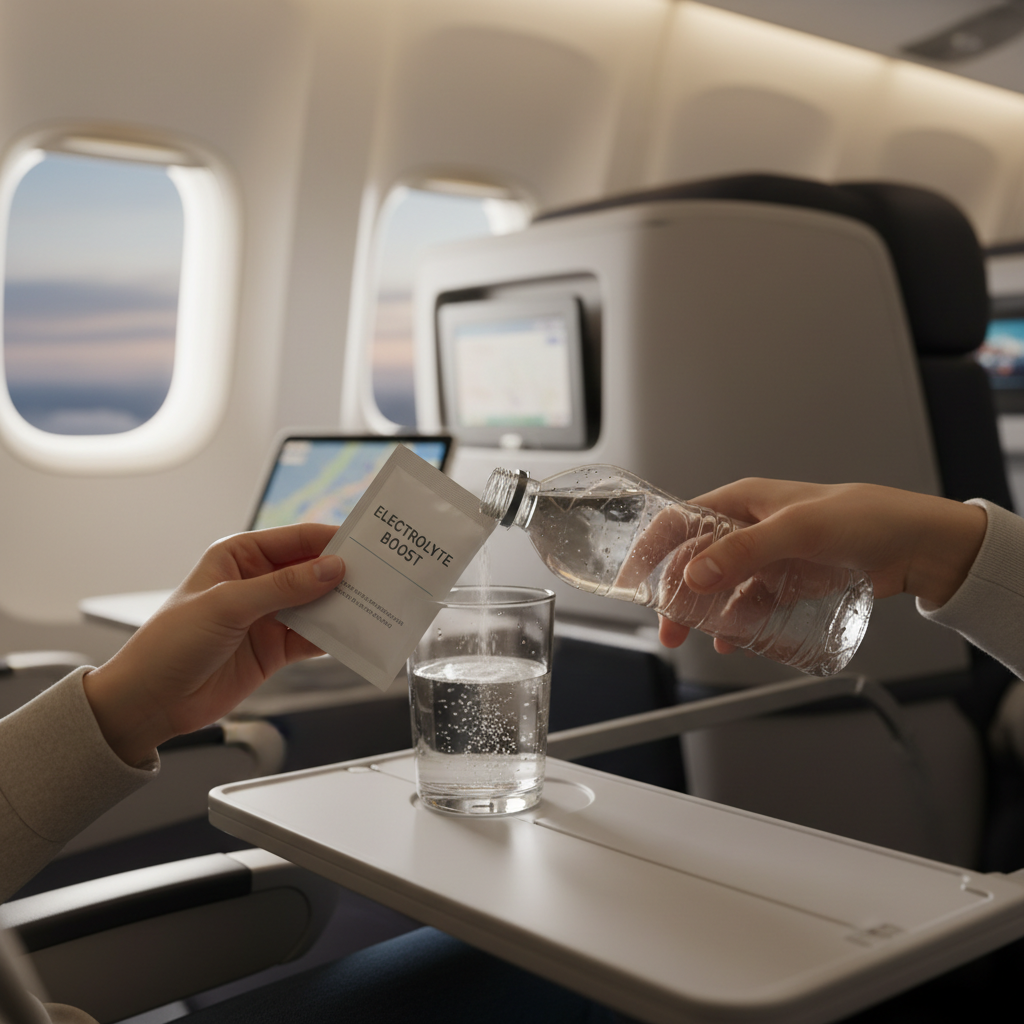 Person on airplane using water and electrolyte packet to prevent travel headache