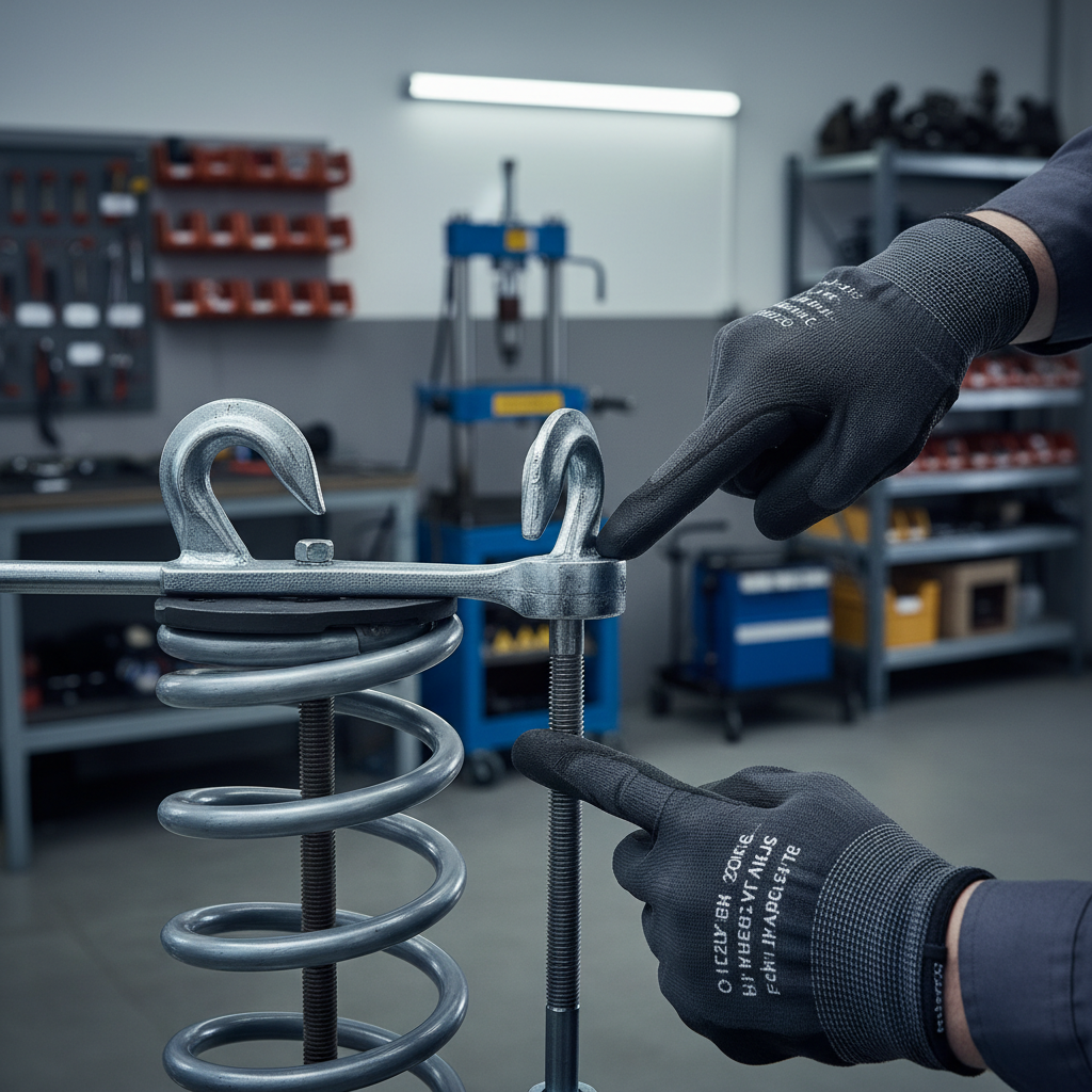 Mechanic inspecting spring compressor hooks and threaded rod for wear and alignment