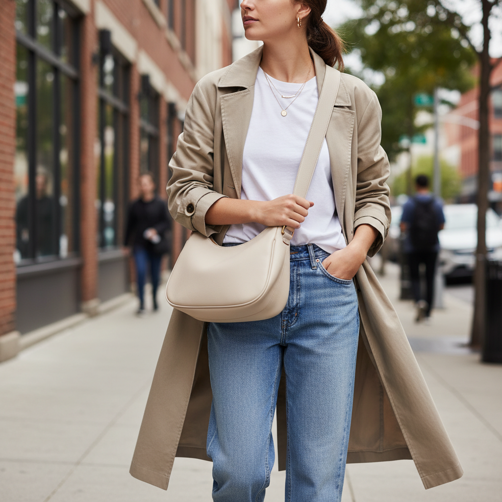 Neutral shoulder bag styled with everyday casual outfit