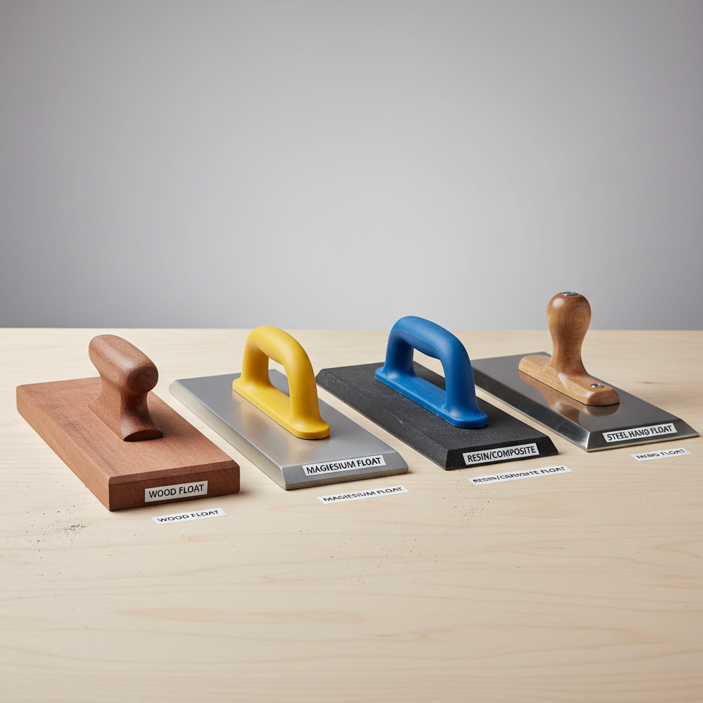 Different concrete float tools wood magnesium resin and steel on a jobsite