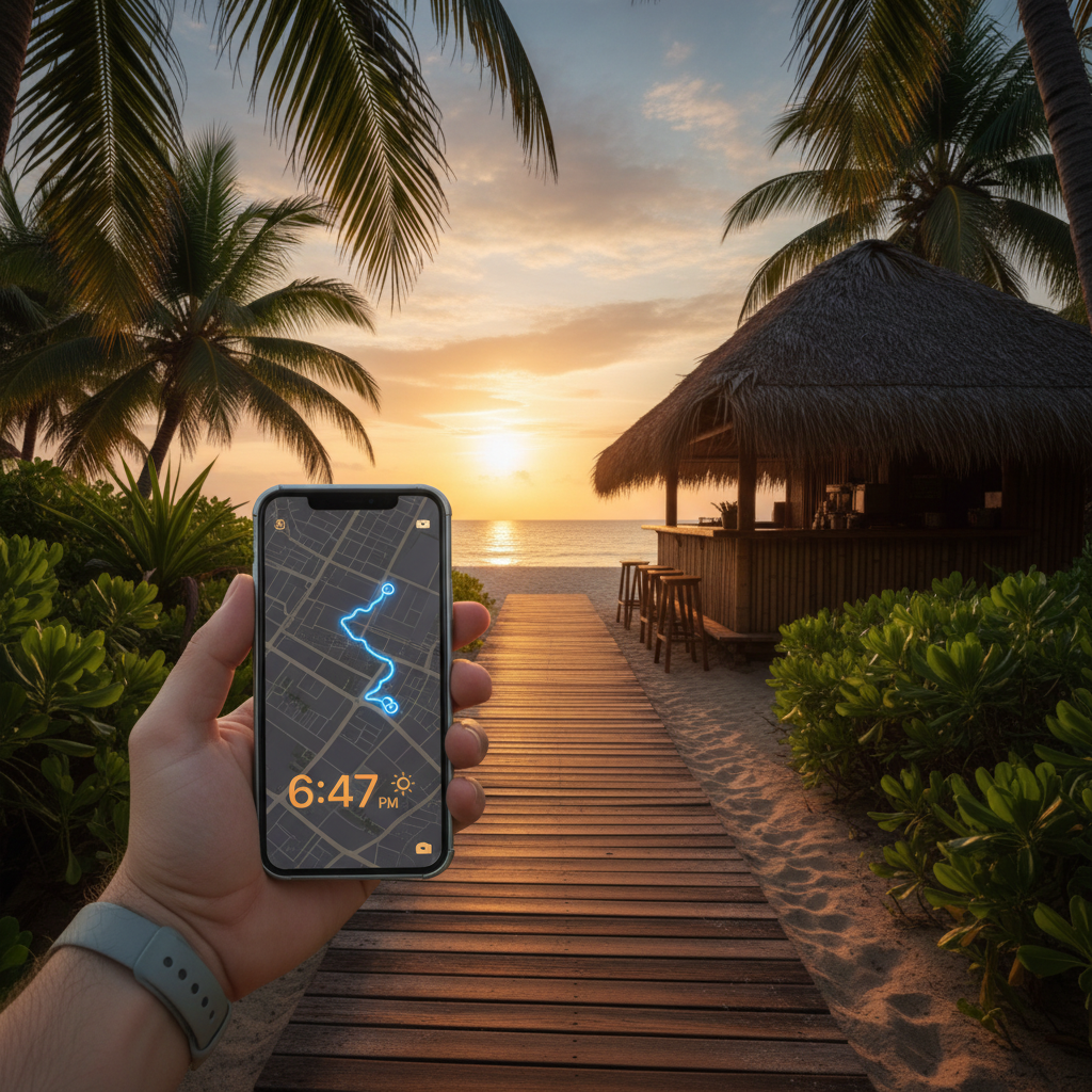 Traveler using phone to check sunset time and beach bar location map