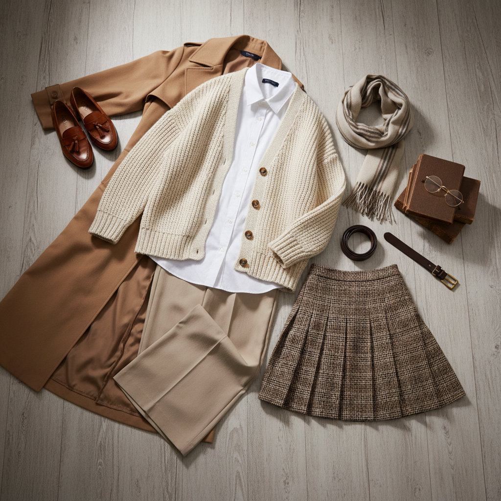 Light academia capsule wardrobe essentials in neutral tones
