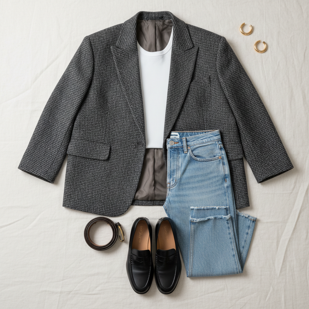 Flat lay of thrifted outfit formula with blazer, tank, jeans, and loafers