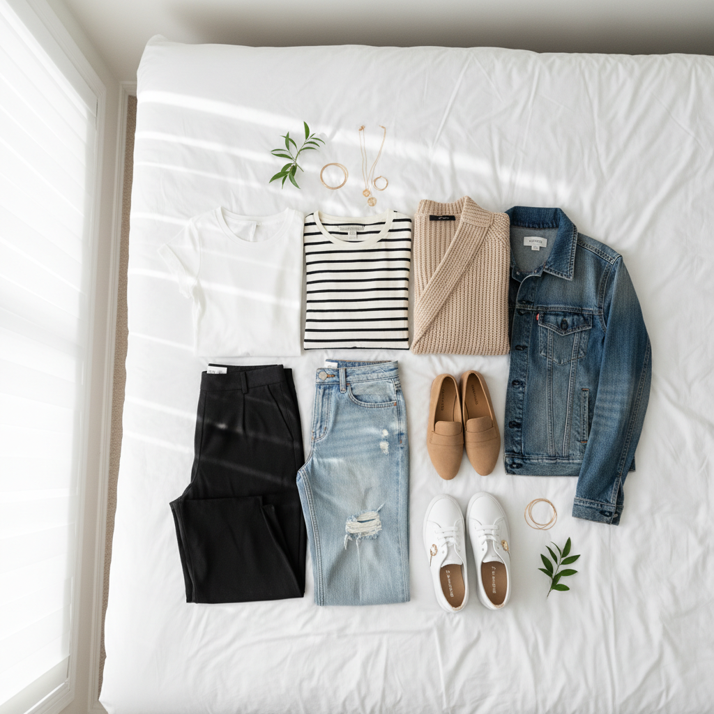 Capsule wardrobe basics for casual outfits for women laid out on a bed