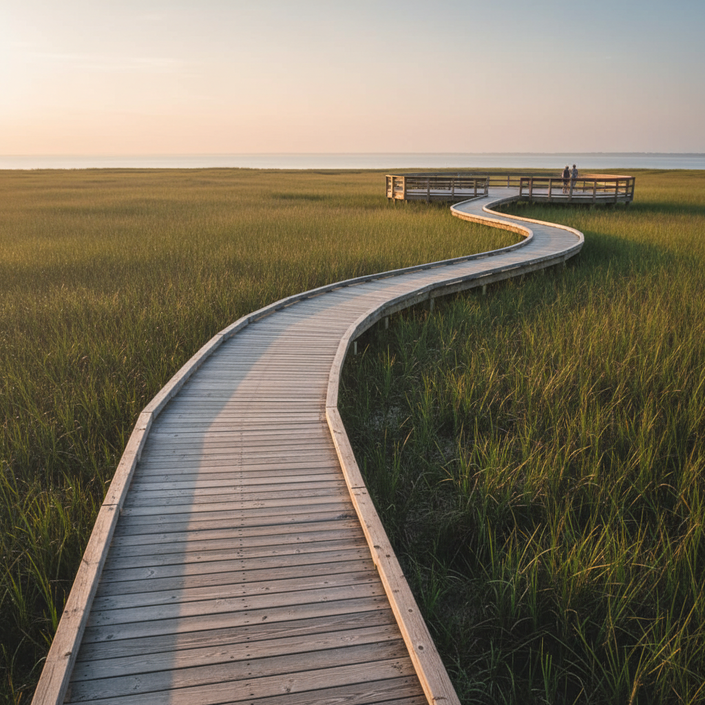 Coastal boardwalk through marsh leading to calm sound overlook