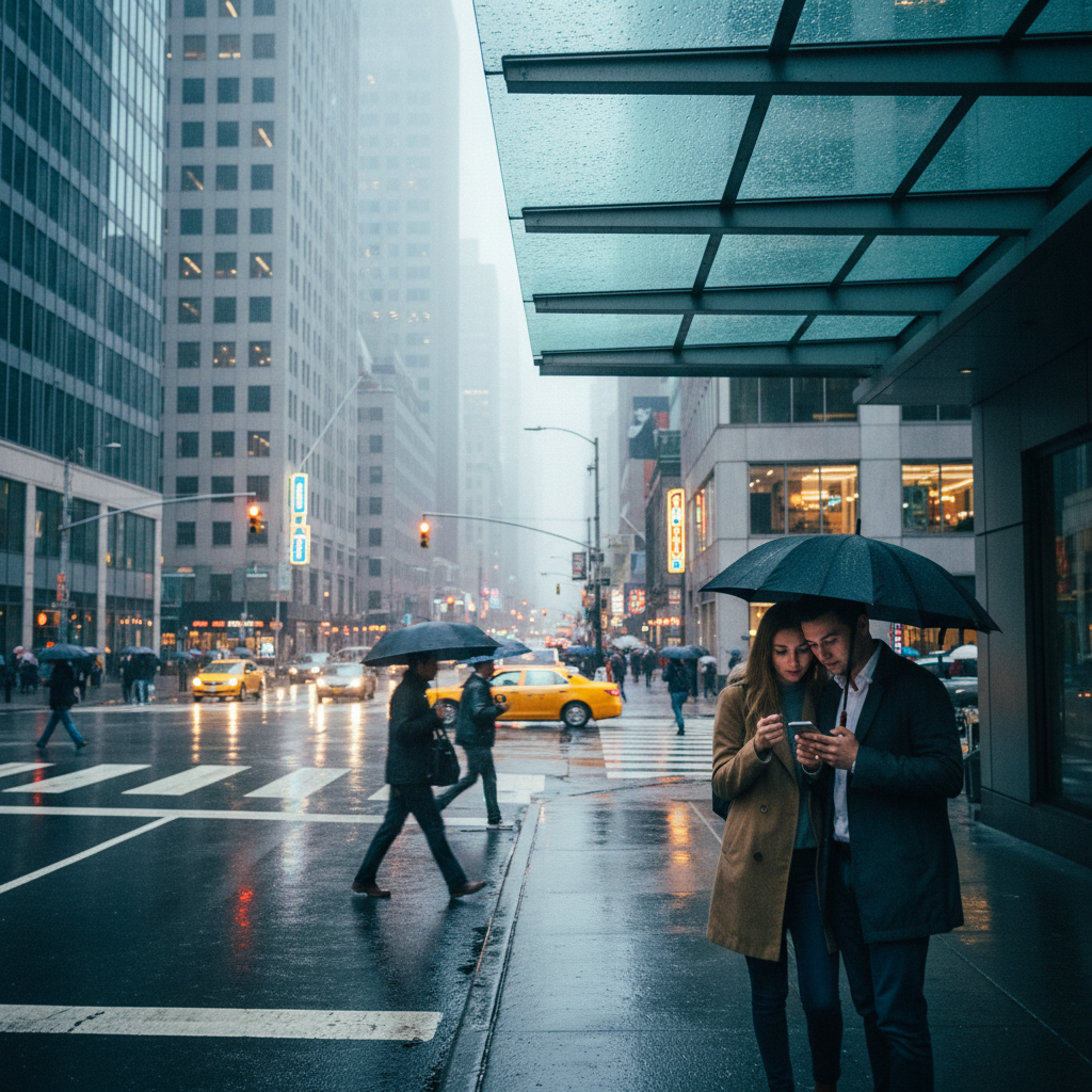 Rainy city street with travelers using umbrellas and checking maps for backup plans