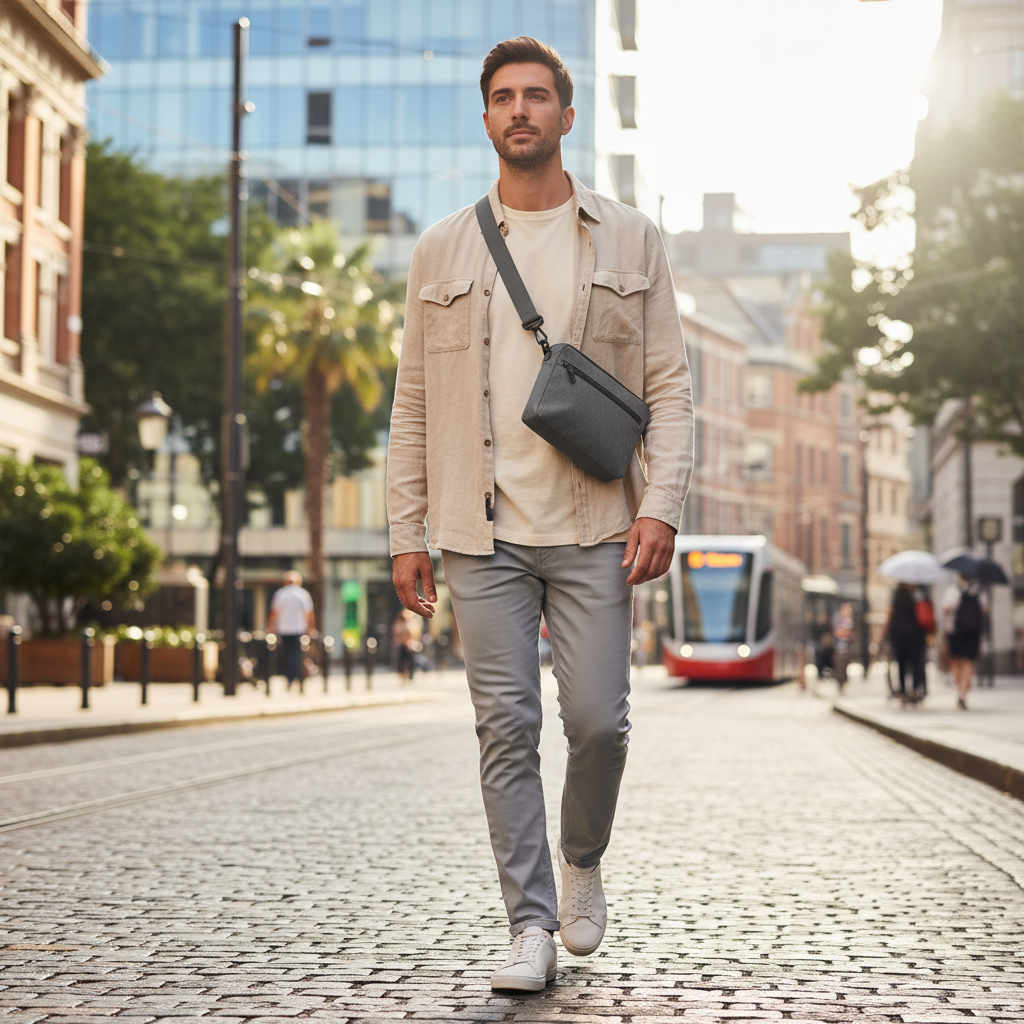 Traveler wearing a small crossbody bag correctly positioned at the front hip