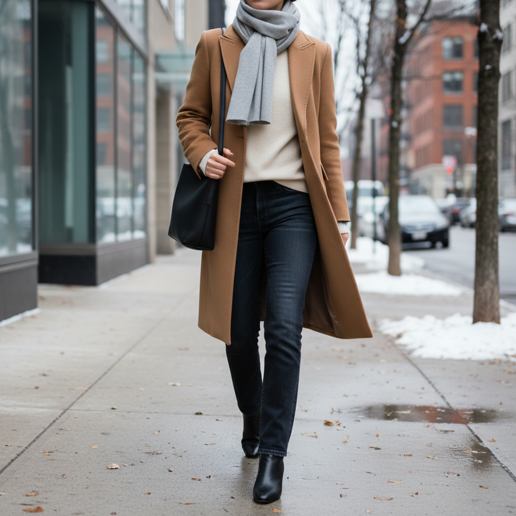 Classic wool coat outfit with denim and ankle boots in winter street style