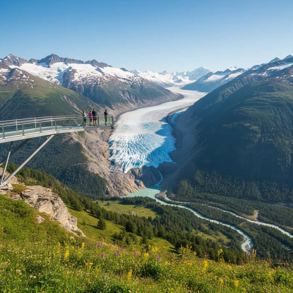 Scenic roadside glacier overlook with viewing platform and mountains
