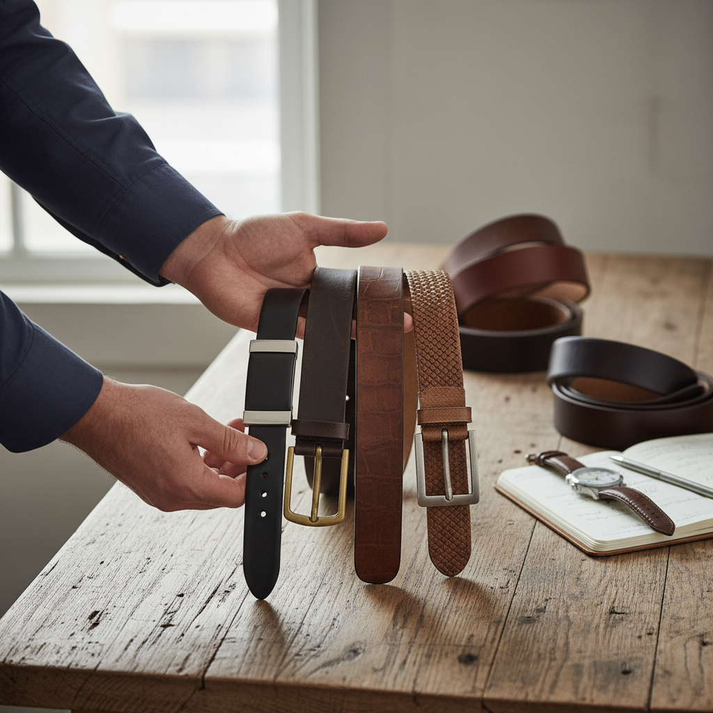 Men comparing leather belt widths and buckle styles for different outfits