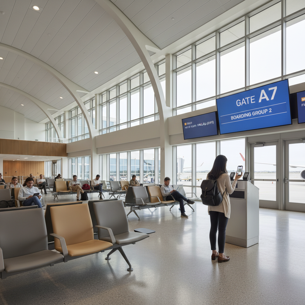 Airline gate area with passengers calmly waiting and checking boarding groups