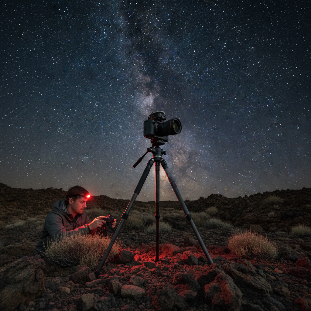Astrophotography setup with tripod and camera under a clear dark sky