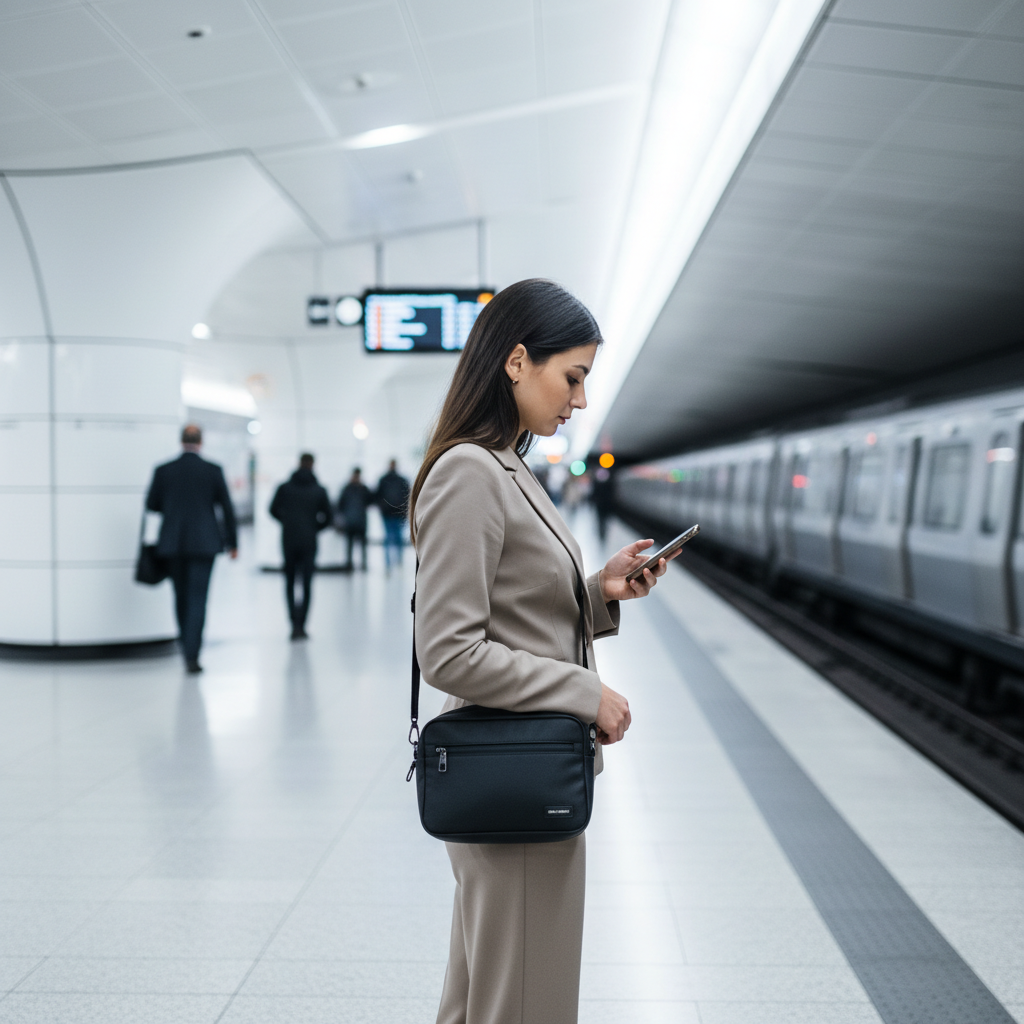 Traveler wearing a crossbody anti theft purse in a subway station while holding phone securely