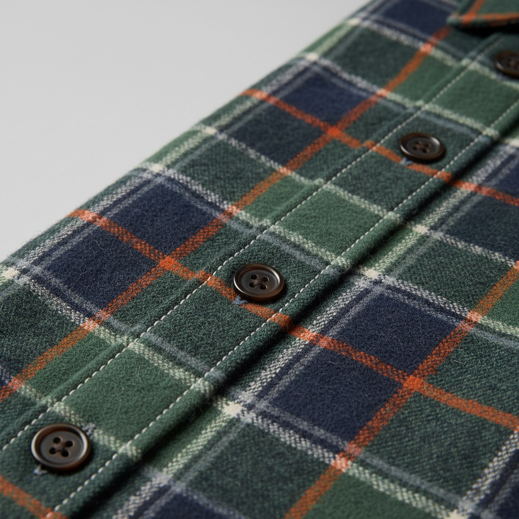 Close-up of plaid flannel fabric showing brushed texture and stitching details