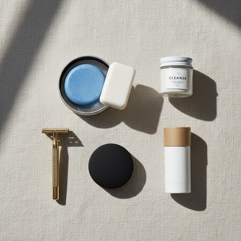 Flat lay of solid beauty alternatives like shampoo bar, powder cleanser, and deodorant stick for carry-on travel
