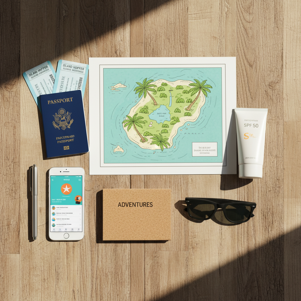 Tropical island hopping planning scene with map, ferry tickets, and travel essentials