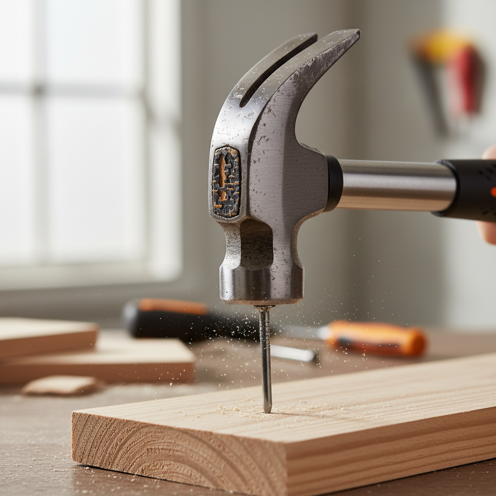 Forged steel claw hammer driving a nail into framing lumber