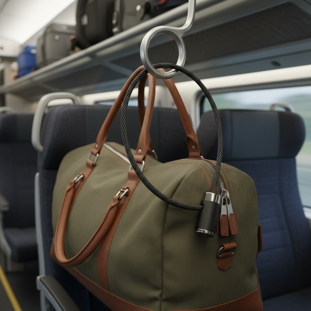 Cable travel lock securing a duffel bag to a fixed rail during train travel