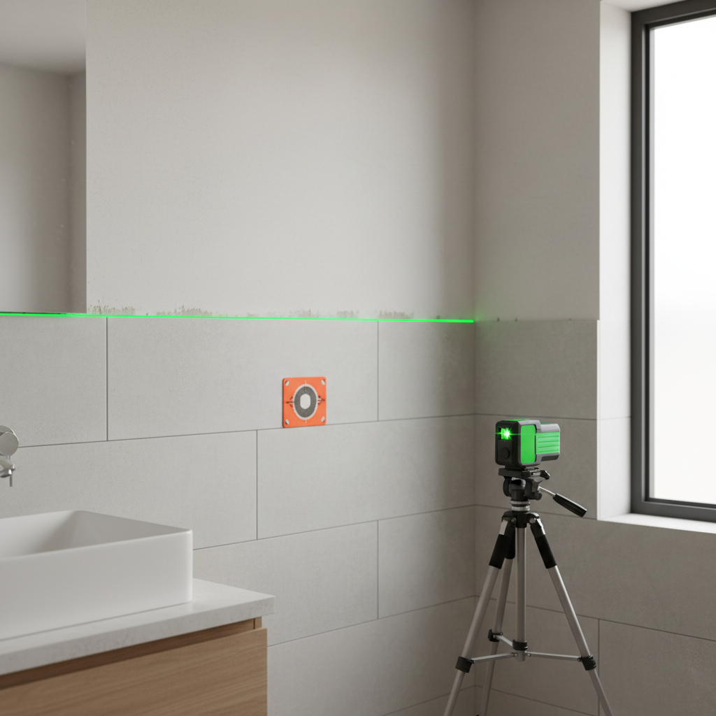 Green laser line projector used for tile alignment with a target plate in a bright room