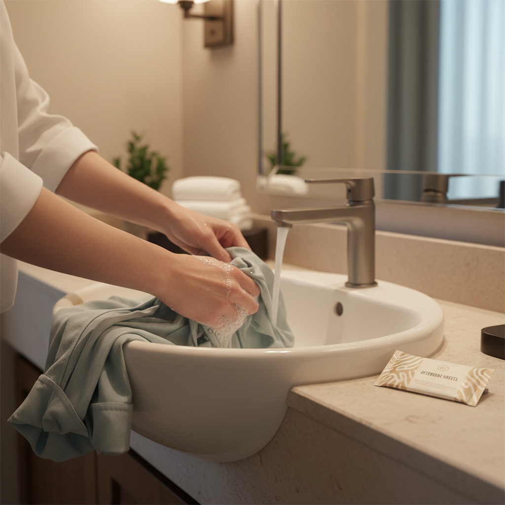 Traveler hand-washing clothes in a hotel sink with minimal detergent