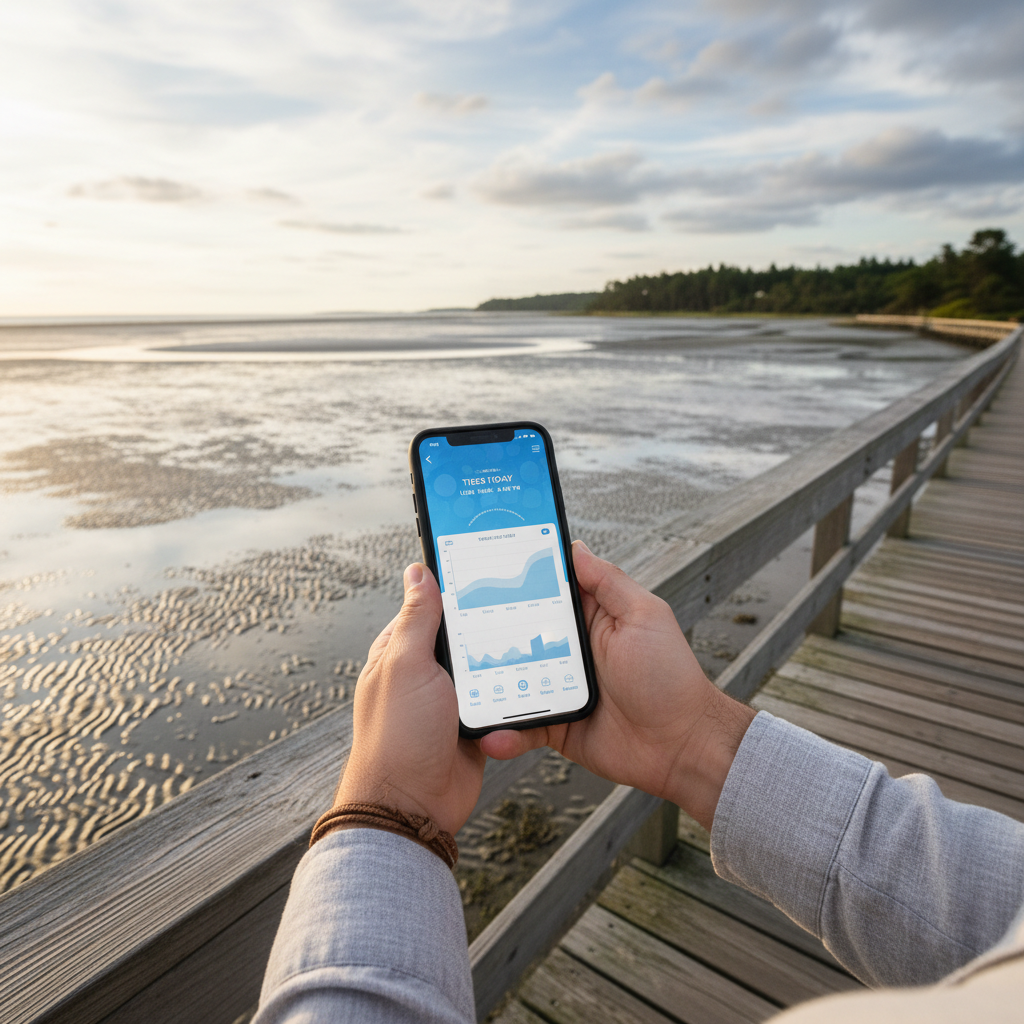 Traveler checking tide chart on phone before walking tidal flats
