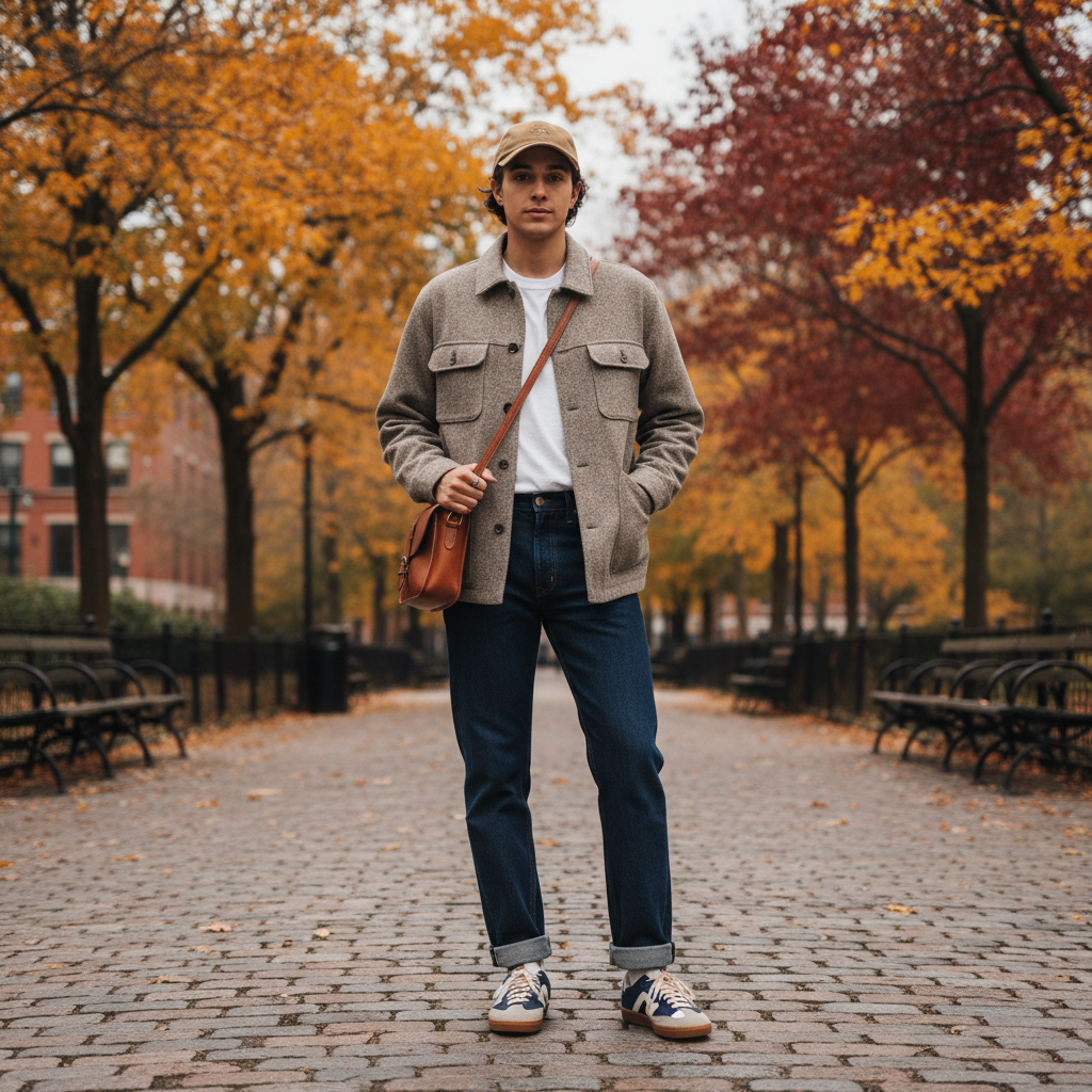 Casual fall baseball cap outfit with overshirt and straight-leg jeans