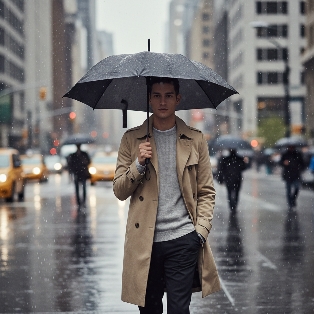 Spring trench coat outfit layered with a lightweight knit and umbrella in light rain