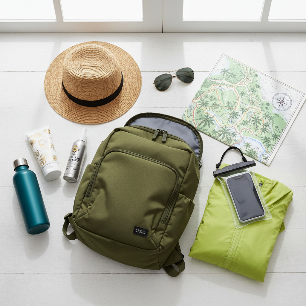 Packed day bag with sunscreen, water, hat, and insect repellent for a palm forest trip