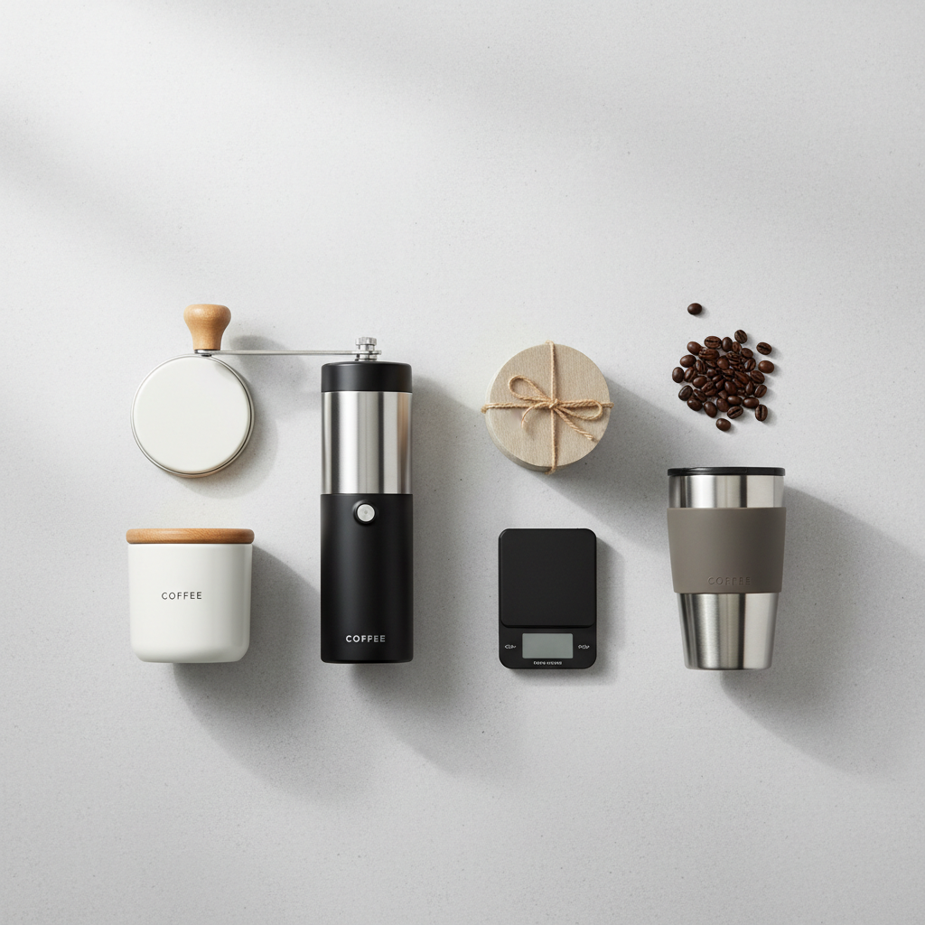 Travel coffee kit layout with portable coffee maker, hand grinder, filters, and small containers