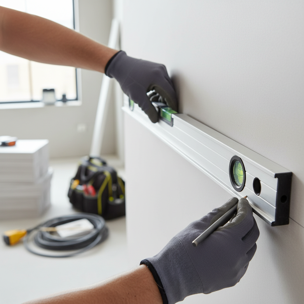 Using a long aluminum spirit level to mark straight layout lines